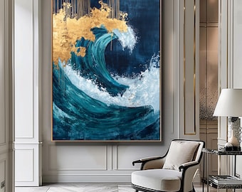 Abstract Navy Blue Gold Ocean Painting Abstract Waves Print Seascape Coastal Ocean Art Ocean Print Digital Download Printable Wall Art