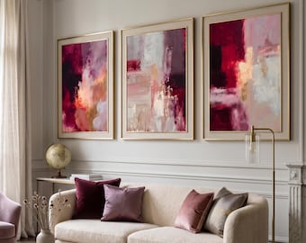Burgundy Abstract Wall Art Set of 3, Deep Wine Red Texture Painting, Luxury Dark Moody Gallery Wall, Crimson Pink Digital Download Print