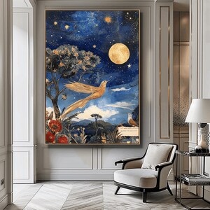 Goldener Vintage Vogel, bewölkte Nachtlandschaft, Nacht Wandkunst, druckbare Wandkunst, abstrakte Landschaft bei Nacht, himmlischer Mond Druck