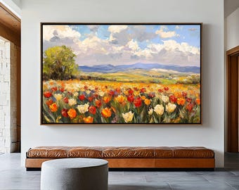 Arte mural de campo de tulipanes coloridos, pintura de tulipanes imprimible, impresión digital floral impresionista, pintura de jardín, decoración de paisaje con flores llamativas
