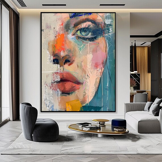 Langgg Portrait Abstrait Peinture à l'Huile Impression sur Toile Méditation Visage de Femme Décoration Murale Maison Bureau Sans Cadre