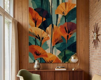 Arte de parede botânica abstrata, impressão de pintura floral em tons de ocre e azul-petróleo, estilo meados do século XX, decoração moderna boho para casa, download digital.
