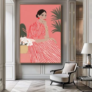 Red Striped Wall Art, Abstract Woman Decor, Colorful Poster, Contemporary Stripes Print, Minimalist Trendy Illustration, Eclectic Fine Art