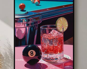 Pintura al óleo de cócteles, póster de martini, billar retro, impresión de bola 8 de la suerte, billar pop art colorido, descarga digital imprimible