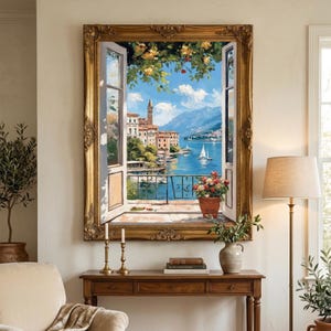 Fenêtre ouverte sur la côte, imprimable, peinture italienne bord de mer, cadeau déco de chalet rustique, art mural fenêtre côtière, décoration murale côtière pittoresque