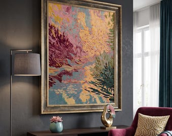 Arte de parede com paisagem impressionista, pintura abstrata, impressão de pintura a óleo em tons pastel da natureza, decoração em lavanda e verde sálvia, download digital.