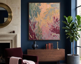 Arte de parede com paisagem impressionista, pintura abstrata, impressão de pintura a óleo em tons pastel da natureza, decoração em lavanda e verde sálvia, download digital.