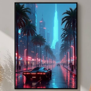 Könnte beinhalten: Gerahmter digitaler Kunstdruck einer futuristischen Stadt bei Nacht. Ein schwarzer Sportwagen fährt auf einer nassen Straße, gesäumt von Palmen und Neonlichtern. Gebäude leuchten in Blau- und Rottönen und erzeugen eine lebendige urbane Atmosphäre.