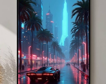 Retro Futuristic Cityscape Art Print, Neon Sci-Fi Skyline Poster, Vaporwave Urban Print, Synthwave Poster, Mid-Century Style Poster Futurism
