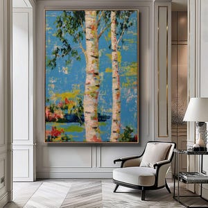 Abstrakte Birken Baum digitale Kunst, moderne Natur druckbare Wanddekoration, minimale Wald Kunstwerk, sofortiger Download, skandinavischer Stil
