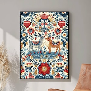 Norwegian Folk Art, Scandinavian Art, Norway Folk Art, Botanical Wall Art, Digital Download, Nordic Minimalist Floral Illustration
