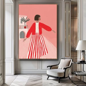 Red Striped Wall Art, Abstract Woman Decor, Colorful Poster, Contemporary Stripes Print, Minimalist Trendy Illustration, Eclectic Fine Art