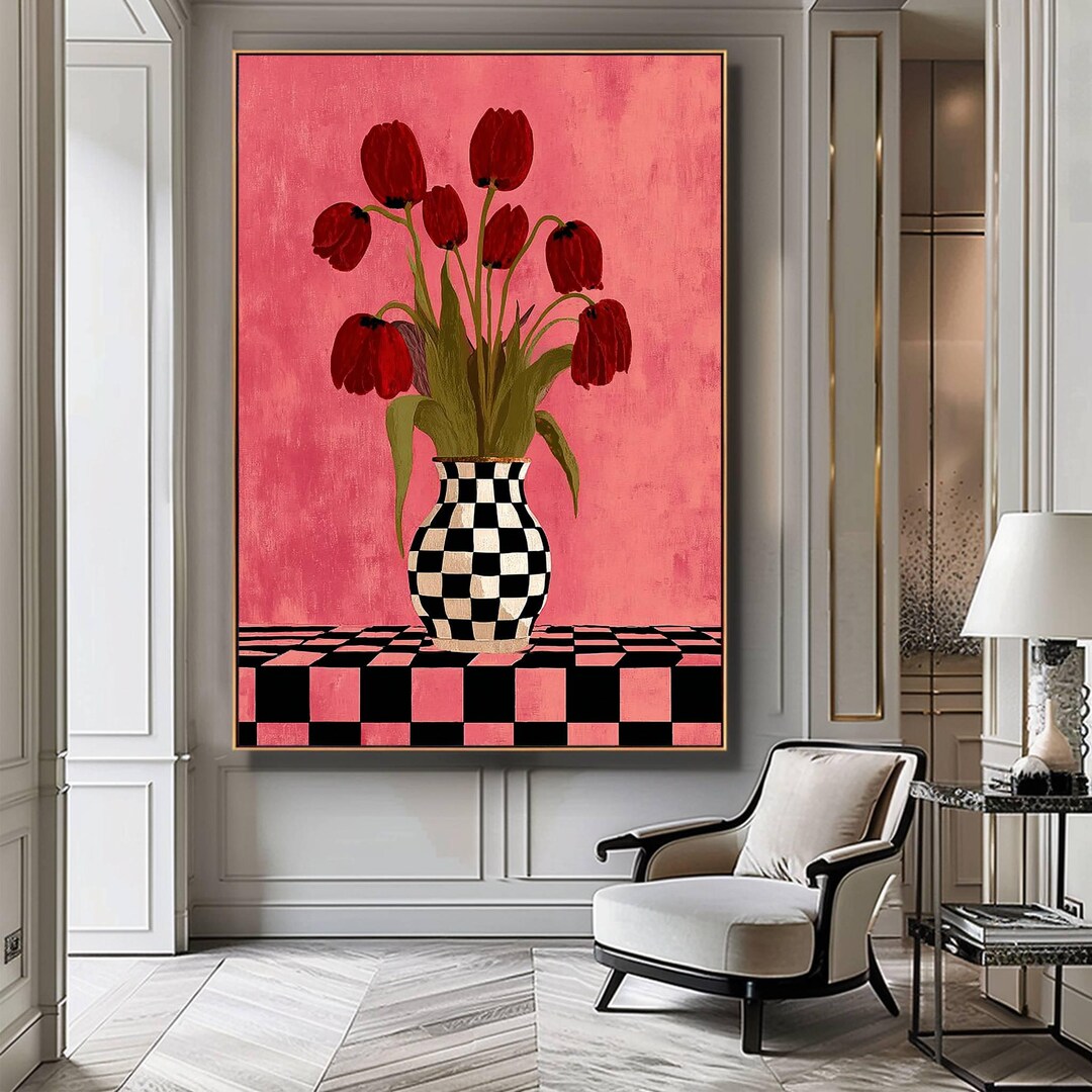 Tulips Wall Art – Tulips in a Checkered Vase Painting, Modern Floral ...