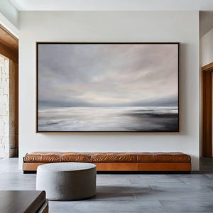 Abstract Seascape Painting, Printable Wall Art, Muted Coastal Beach, Neutral Beach Painting, Soft Blue Tone Landscape, Digital Download