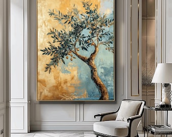 Olive Tree Painting, Golden Print, Vintage Art Print, Digital Download, Greenery Home Decor, Farmhouse Tree Art, Boho Nature Decor,