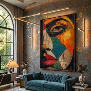 Cubist Woman Face Wall Art, Abstract Colorful Portrait Print, Modern Geometric Female Figure Poster, Bold Statement Decor, Digital Download