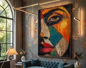 Kubistische vrouw gezicht kunst aan de muur, abstracte kleurrijke portret print, moderne geometrische vrouwelijke figuur poster, gedurfde statement decor, digitale download