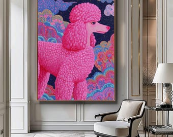May include: A vibrant pink poodle painting with a textured coat, set against a backdrop of colorful, swirling clouds in shades of blue, pink, and orange. The artwork is framed in gold and hangs on a white wall.
