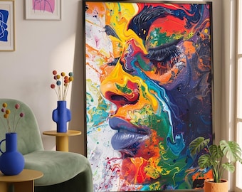 Colorful Abstract Portrait Wall Art, Vibrant Fluid Paint Face Print, Modern Psychedelic Pop Art Poster, Maximalist Digital Download