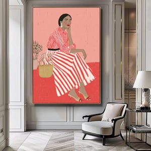Red Striped Wall Art, Abstract Woman Decor, Colorful Poster, Contemporary Stripes Print, Minimalist Trendy Illustration, Eclectic Fine Art