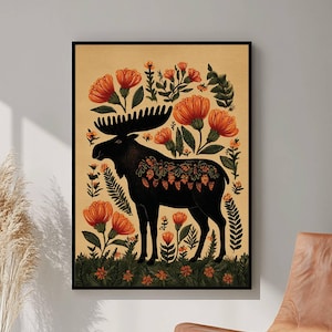 Norwegian Folk Art, Scandinavian Art, Norway Folk Art, Botanical Wall Art, Digital Download, Nordic Minimalist Floral Illustration