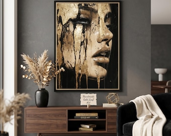 Luxe bladgoud vrouw portretkunst, zwart en goud vloeibaar schminken, moderne glamour wanddecoratie, digitale print