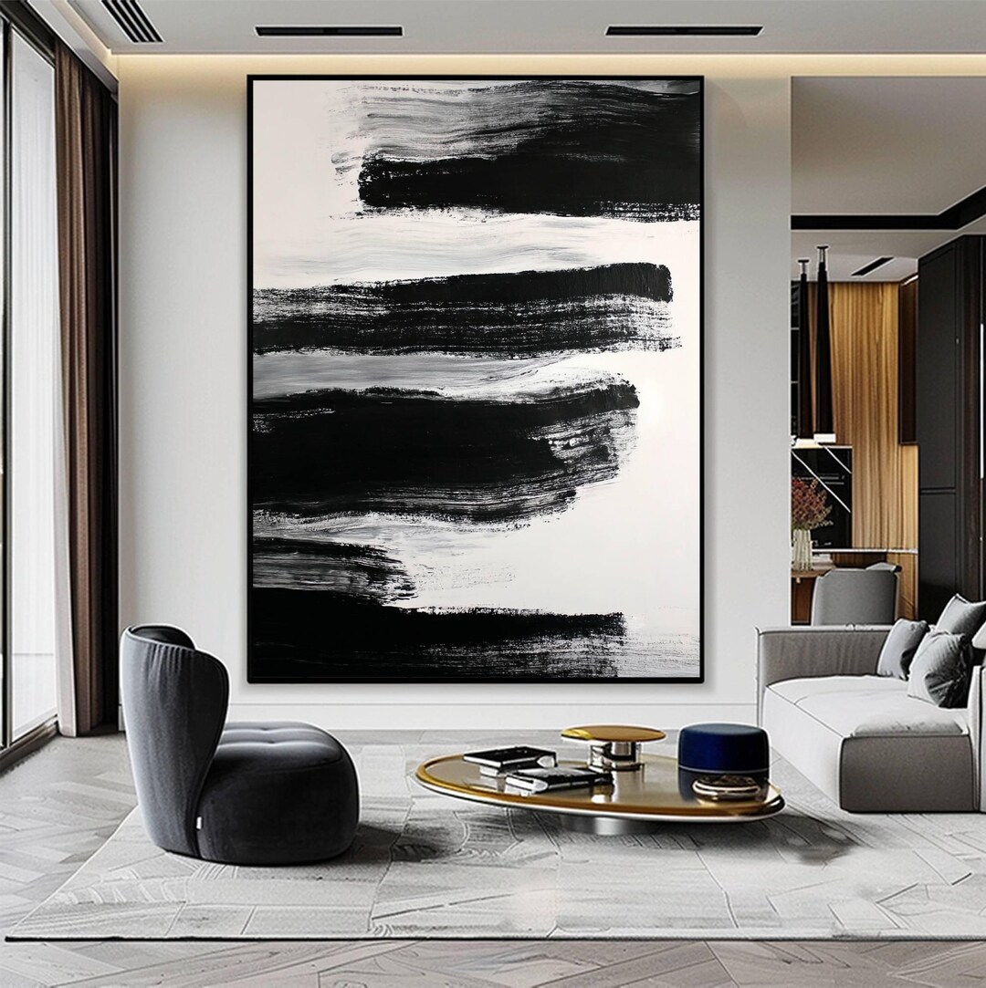 Minimalist Abstract Black and White Painting, Modern Boho Wall Art ...