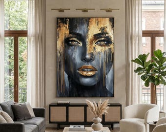 Luxe zwart-gouden vrouw gezicht kunst aan de muur, elegante abstracte vrouwelijke portret print, modern glamour decor, goud effect kunst, digitale download