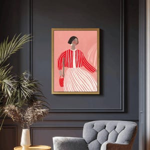 Red Striped Wall Art, Abstract Woman Decor, Colorful Poster, Contemporary Stripes Print, Minimalist Trendy Illustration, Eclectic Fine Art