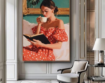 Woman Reading Wall Art, Abstract Female Print, Book and Coffee Decor, Living Room Wall Art, Printable Bookish Poster, Contemporary Art