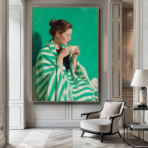 Woman with Coffee Print, Emerald Green Abstract People Wall Art, Coffee Poster, Stripe Woman Print, Relaxing Wall Decor, Digital Download