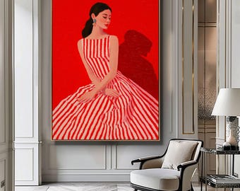 Pintura abstracta de mujer roja, arte mural moderno en rojo, decoración minimalista femenina, póster de ilustración de moda, obra de arte con figura audaz imprimible