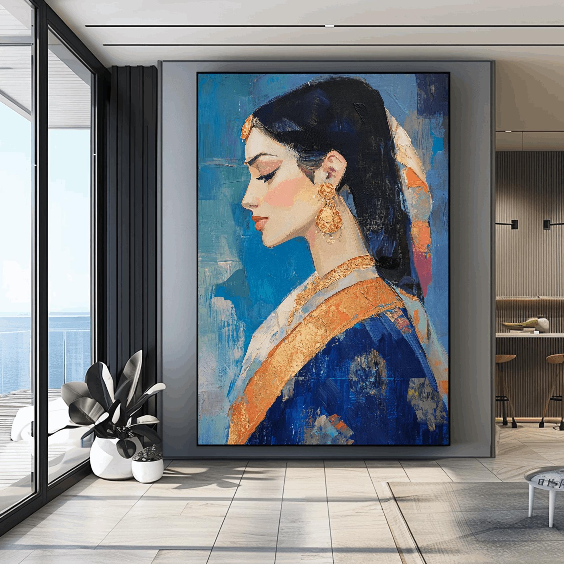 インド人女性のアートプリント、抽象的な女性の顔のウォールアート