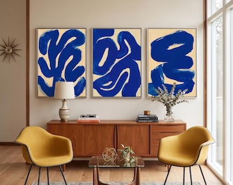Royal Blue Abstract Art Set of 3, Mid Century Modern Organic Shapes, Matisse Inspired Minimalist Gallery Wall, Beige Navy Digital Print