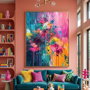 Vibrant Colorful Abstract Wall Art, Neon Pink Teal Orange Painting Print, Modern Expressionist Decor, Large Bright Poster, Digital Download