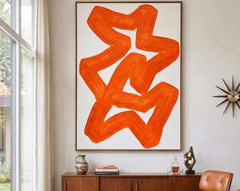 Arte de parede abstrata em laranja vibrante, estampa minimalista de fita orgânica, pôster moderno com rabiscos em tangerina, decoração inspirada na dopamina, arte para download digital.