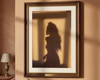 Woman Shadow Wall Art, Golden Hour Silhouette Print, Ethereal Warm Tone Poster, Minimalist Female Figure Decor, Soft Aesthetic Digital Art