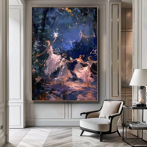 Dancing Forest Fairies Digital Art, Fantasy Wall Decor, Magical Creatures Poster, Mystical Fairy Scene, Woodland Fairies Painting