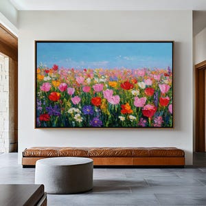 Colorful Tulip Field Wall Art, PRINTABLE Tulips Painting, Impressionist Floral Digital Print, Garden Painting, Bold Flower Landscape Decor