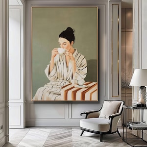 Woman with Coffee Print, Olive Green Abstract People Wall Art, Coffee Poster, Stripe Woman Print, Relaxing Wall Decor, Digital Download