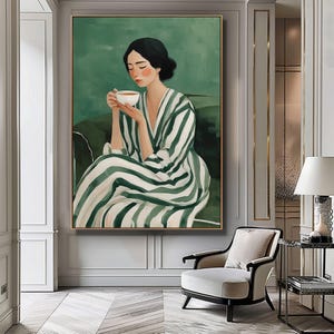 Woman with Coffee Print, Emerald Green Abstract People Wall Art, Coffee Poster, Stripe Woman Print, Relaxing Wall Decor, Digital Download
