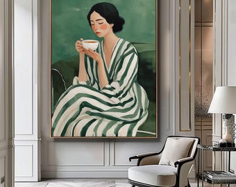 Woman with Coffee Print, Emerald Green Abstract People Wall Art, Coffee Poster, Stripe Woman Print, Relaxing Wall Decor, Digital Download