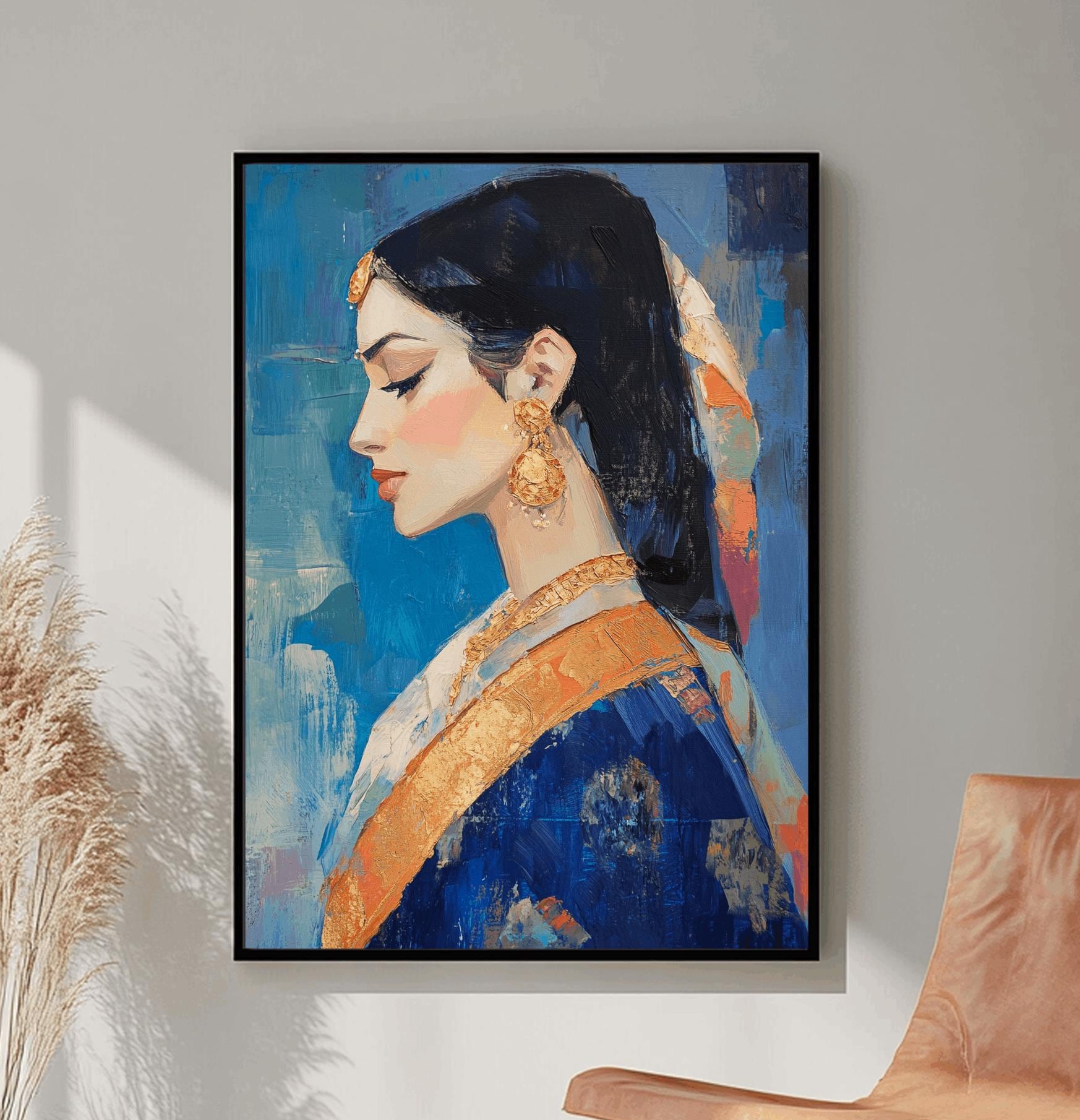 インド人女性のアートプリント、抽象的な女性の顔のウォールアート