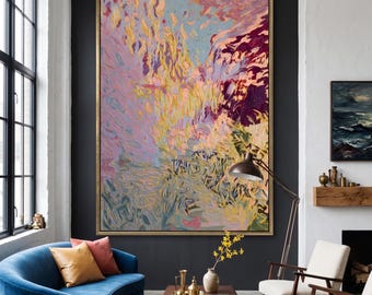 Arte de parede com paisagem impressionista, pintura abstrata, impressão de pintura a óleo em tons pastel da natureza, decoração em lavanda e verde sálvia, download digital.