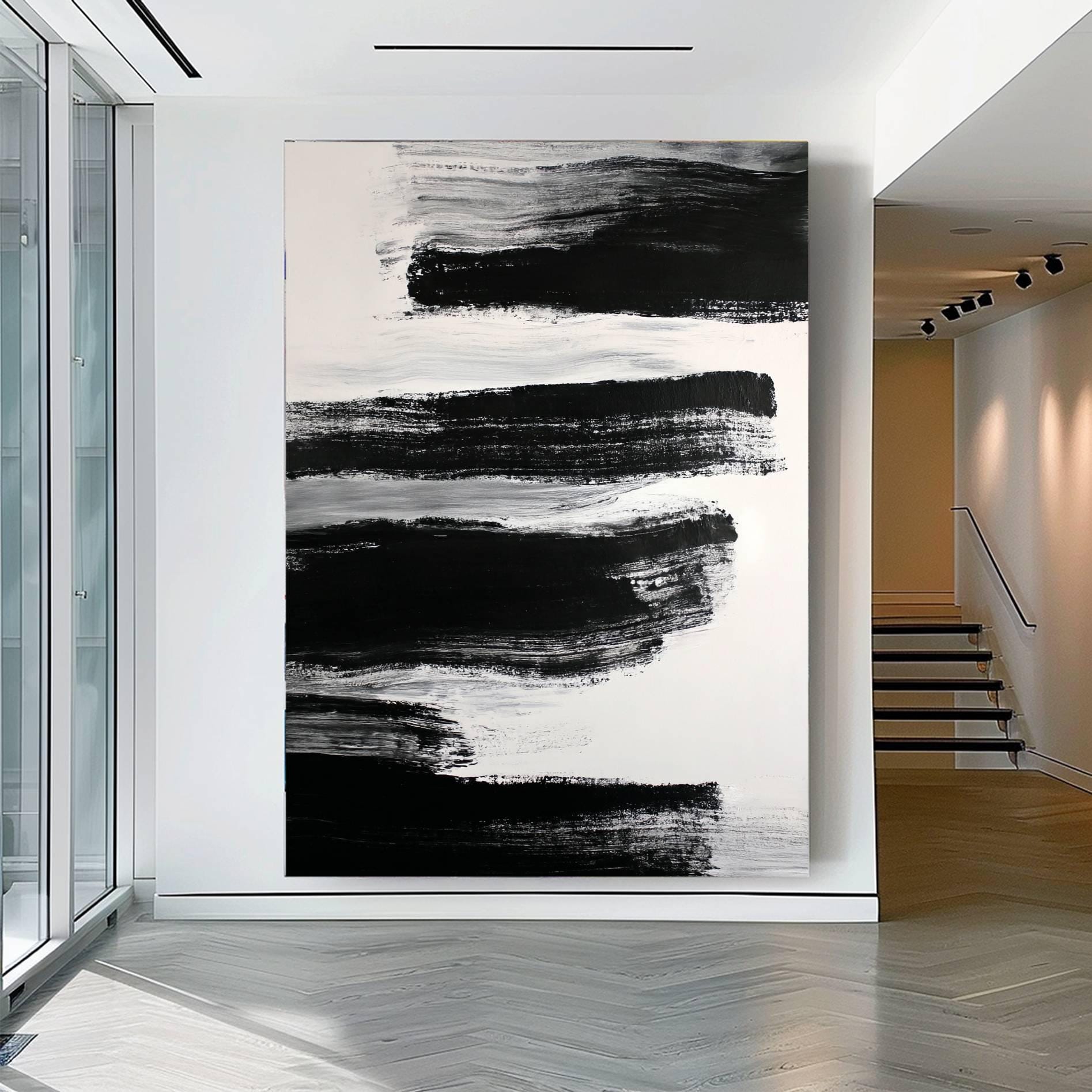 Minimalist Abstract Black and White Painting, Modern Boho Wall Art ...