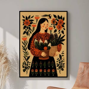 Norwegian Folk Art, Scandinavian Art, Norway Folk Art, Botanical Wall Art, Digital Download, Nordic Minimalist Floral Illustration