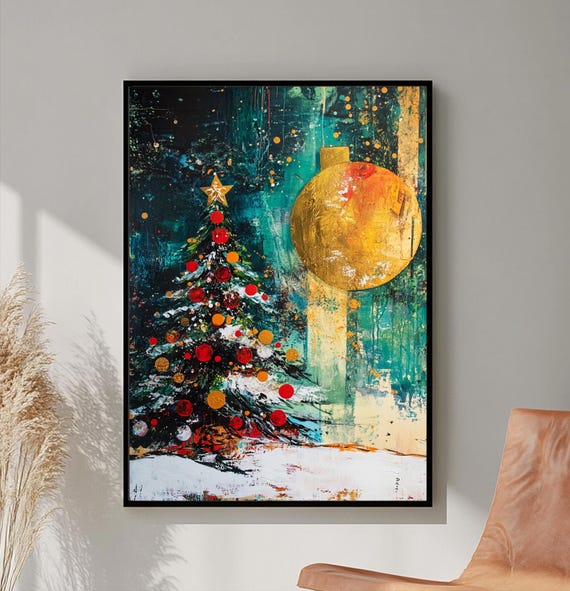 クリスマスツリー 絵 壁絵 インテリア 抽象的なクリスマスツリーの絵画、抽象的な冬の部屋の装飾、カラフルな