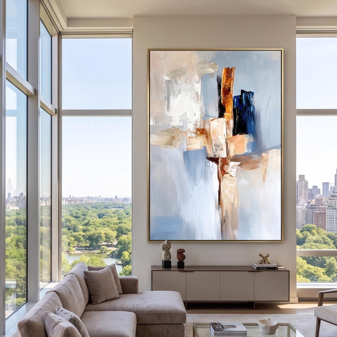 Modern Abstract Palette Knife Wall Art, Blue and Copper Impasto