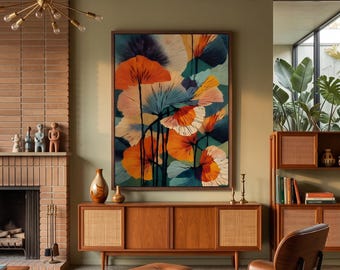 Arte de parede botânica abstrata, impressão de pintura floral em tons de ocre e azul-petróleo, estilo meados do século XX, decoração moderna boho para casa, download digital.