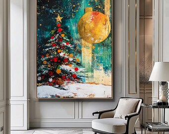 抽象的なクリスマスツリーの絵画、抽象的な冬の部屋の装飾、カラフルな